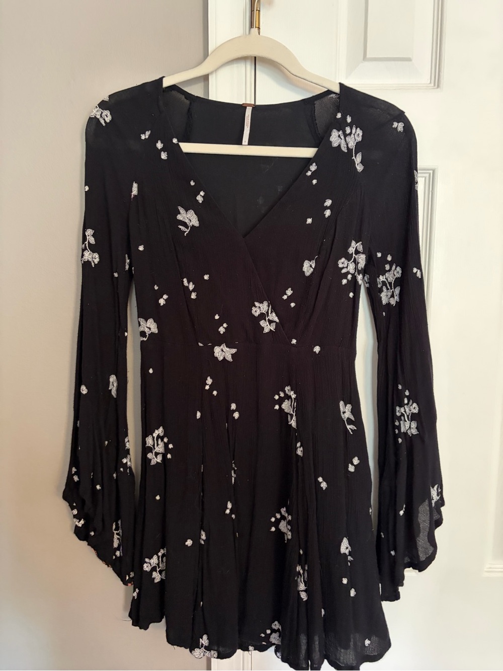 Free People Black Embroidered Floral Bell Sleeve Mini Dress V-Neck